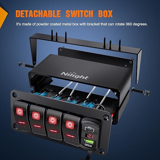 Nilight 4 Gang Rocker Switch Box 12V SPST ON Off Toggle Switches PD Type C and QC 3.0 USB Charger Voltmeter LED Light Waterproof Aluminum Mount Bracket Panel DIY Stickers for Boat Car RV Truck