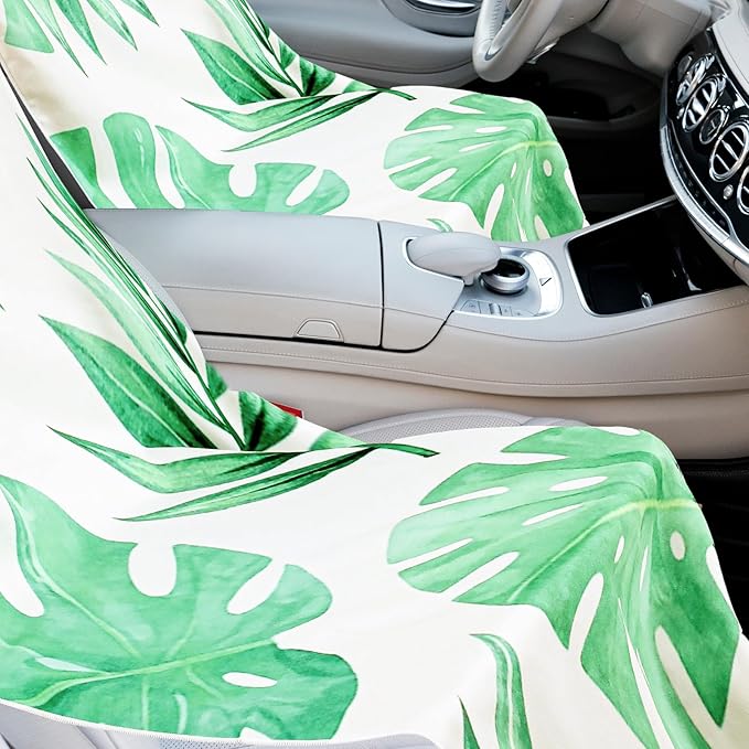 Hahafelt 2 Pack Car Seat Towel Covers with Storage Bag, 63 x 32 Inch Universal Non Slip Waterproof Sweat Protector for Car Truck, Gym Swimming Running, Machine Washable (Monstera Lime)