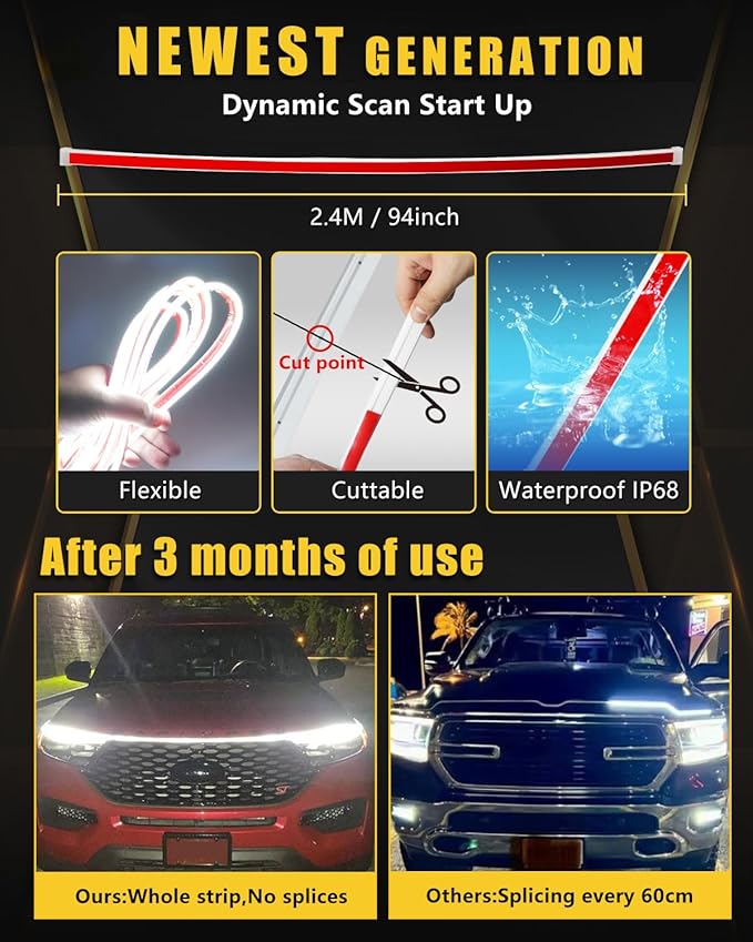 Sequential Turn Signal Light Strip Dynamic Scan Start Up Led Hood Lights Flexible DRL Daytime Running Light for Car,Truck,SUV,Dual Color White Amber Flowing Switchback 12V 94inch/240CM (1Set)