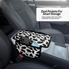 Cow Print Armrest Cover with 2 Side Pockets & Storage Bags, Cute Cow Car Decor,Center Console Cover Pad Organizer, Cow Pattern Cushion Mat,Interior Accessories for Most Vehicles (Black)