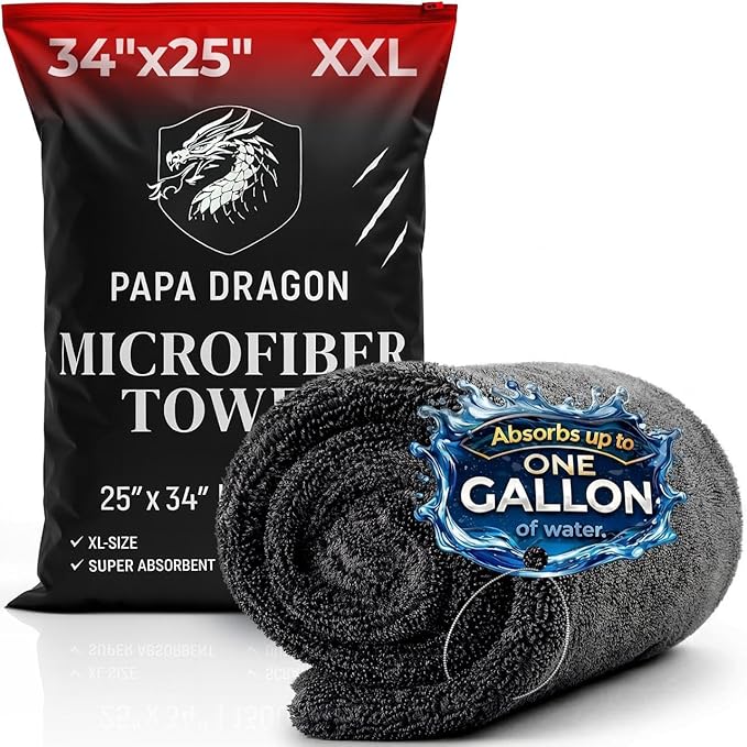 Papa Dragon Extra Large Car Drying Towel | 1300 GSM 25"x34" | Super Absorbent Microfiber Towel for Cars, Streak-Free, Scratch-Free Detailing Towel for Cars, Truck, SUV - 1 Pack