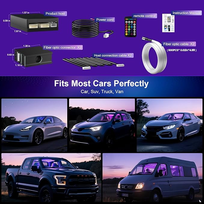 Split Starlight Headliner Kit - 600pcs 0.02in 4.9ft Fiber Optic RGBW Star Lights for Car with 2 Light Heads 16W Engine Easy to Hide,Flexible Wiring,APP/Remote Control for Car Roof Ceiling