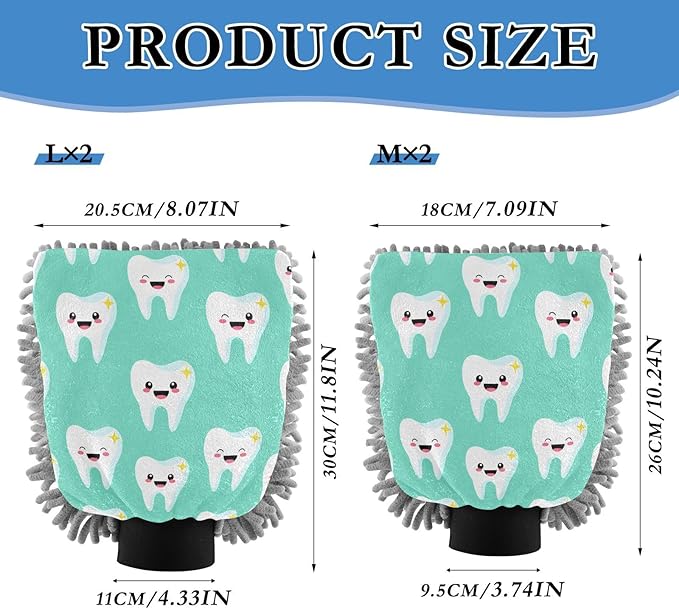 Kigai Cute Cartoon Teeth Car Wash Mitt 2PCS Ultra Absorbent Chenille Microfiber Car Washing Glove Scratch Free Lint Free Wash Sponge Auto Cleaning Glove, 11.8x8.1 inch