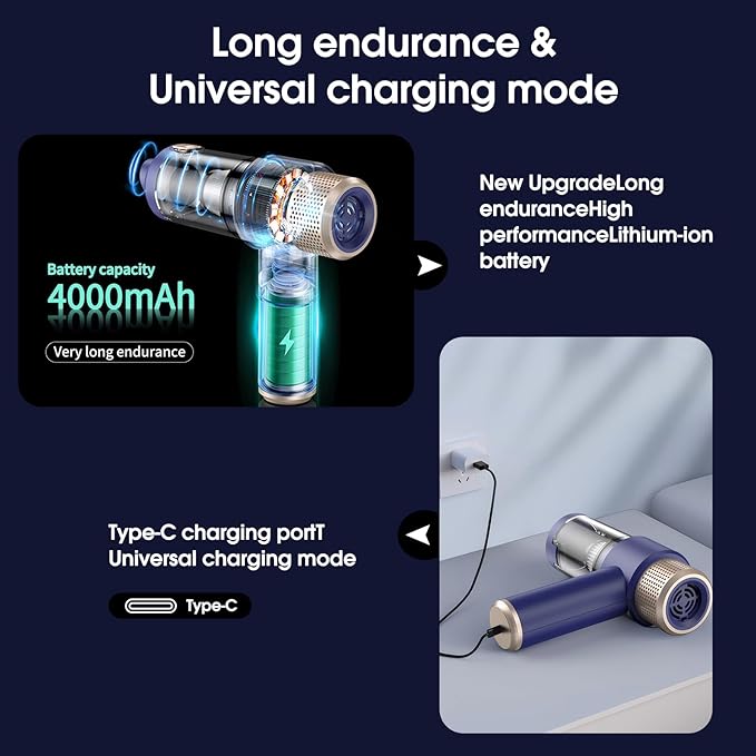 Portable Cordless Handheld Car Vacuum - Compact & Lightweight with High-Power Suction, Washable Filter, and LED Light for Auto Interior, Keyboard, Desk & Pet Hair Cleaning (Blue & Gold)