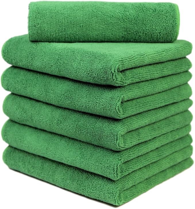 CARCAREZ Premium Microfiber Detailing Towels, 340 GSM Lint Free Car Buffing Waxing Polishing Drying Towels (6, Green, 16x16 Inch)