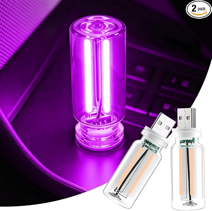 iFunyLED Car Interior USB LED Night Light, Portable Touch dimmable Car Ambient Lighting Kit, Retro Mini Transparent Glass Bottle Lamp Decorations for Vehicle Camping Bedroom Hallway, Pack of 2(Purple)