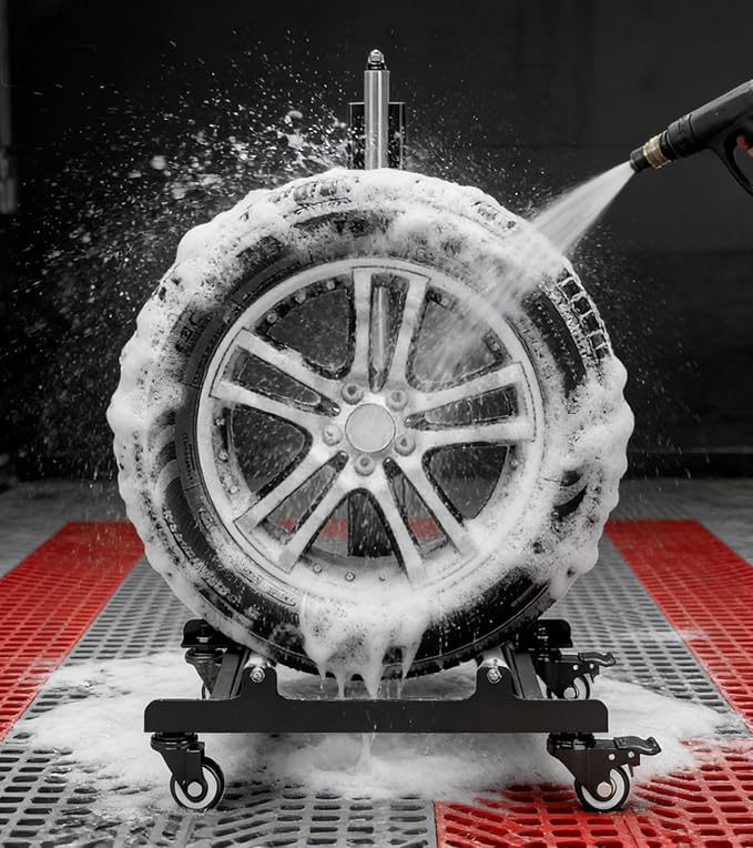 360° Rolling Wheel Detailing Stand with Wheels, Heavy Duty Steel Wheel Cleaning Stand for Tire, Rim Polishing, Ceramic Coating, Car & Motorcycle Wheel Roller Stand