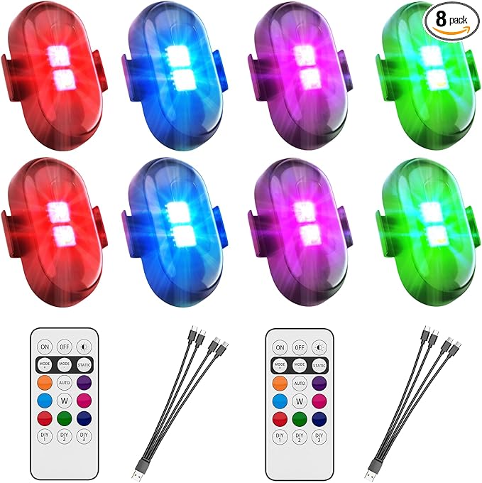 Upgrade LED Lights for Car-8PCS Interior Car Lights with Remote, USB-C 80 Hours 8 Colors IP65 Waterproof Rechargeable Underglow Wireless Strobe Lights for Trucks, eBike, Motorcycle