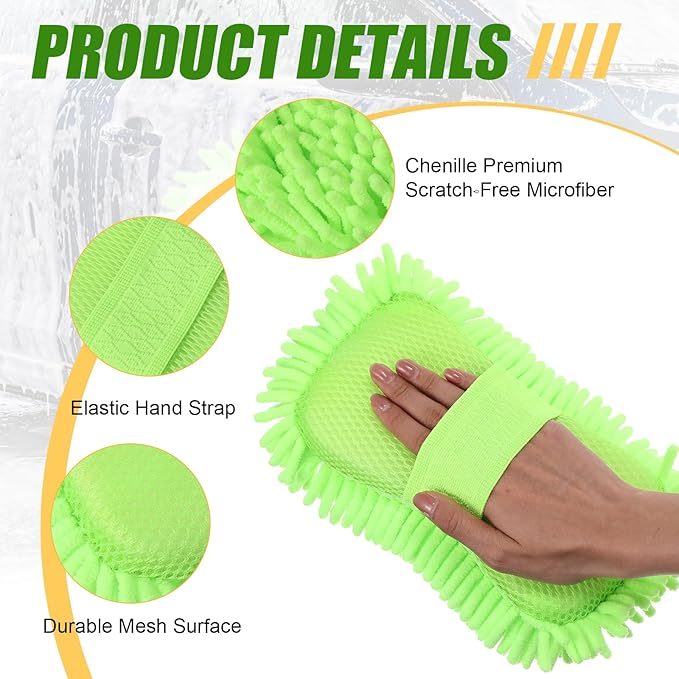 3 Pack Chenille Premium Scratch-Free Microfiber Wash Mitt Car Wash Sponges, Non-Scratch Car Cleaning Sponge Mitts, Ultra-Soft Glove, Swirl-Free Finish, Safe for Trucks, Suvs(Lime Green)