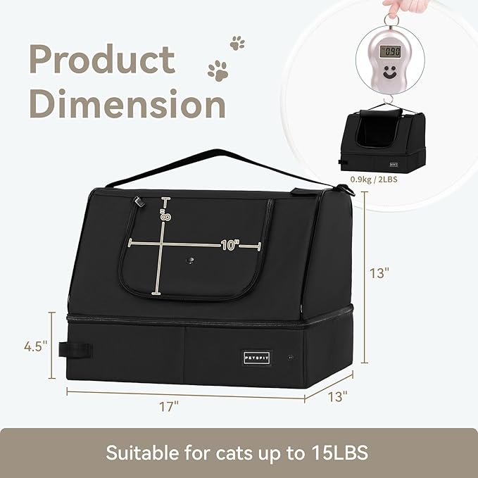 PETSFIT Portable Cat Litter Box - Removable 2-Layer Leak-Proof Lining, Scratch-Resistant Fabric with Sturdy Support Frame, Travel & Collapsible Cat Litter Box Black