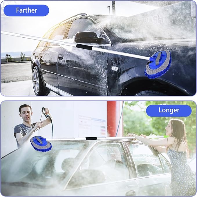 62" Car Wash Brush with Long Handle and Car Wash Brush Microfiber Car Cleaning Brush Kit for Car RV Truck Cleaning 1 Chenille Scratch-Free Replacement Head with Aluminum Alloy Pole (Blue)