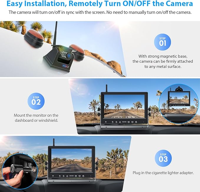 ZEROXCLUB 3 Magnetic Solar Wireless Backup Camera System, Quad RV Rearview Backup Cameras Wireless System with HD1080P 9 Inch DVR Monitor for Trailer RV Trucks, Built-in 9600mAh Solar Battery, BL903