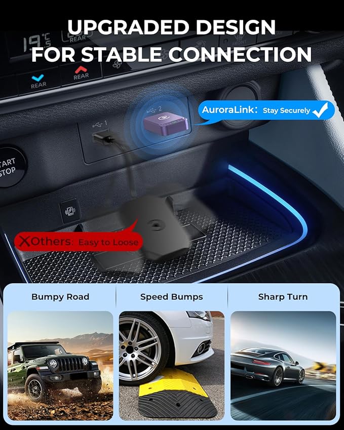 AuroraLink Wireless Carplay & Android Auto Wireless Adapter 2-in-1 Fast & Stable Carplay Wireless Adapter Convert Wired to Wireless Car Play Dongle for iOS 10+/Android 11+ (Purple)