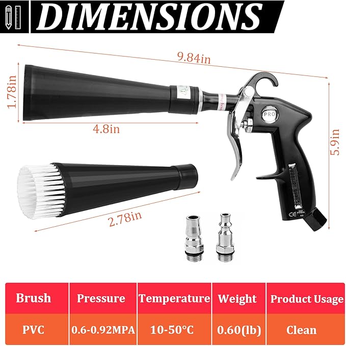 Car Cleaning Gun, Interior Detailing Dryer Air Blow Gun with 2 Nozzles, High Pressure Blower for Fast Dirt & Dust Removal, Works with Air Compressor