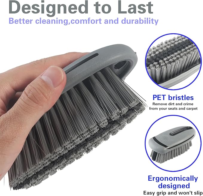 Carpet Cleaning Brush & Upholstery Brush Set, Hard Bristle Carpet Scrub Brush, Rug Brush, Couch Cleaner Brush, Fabric/Leather Detail Brush for Car, Home & Outdoor Furniture (Grey)