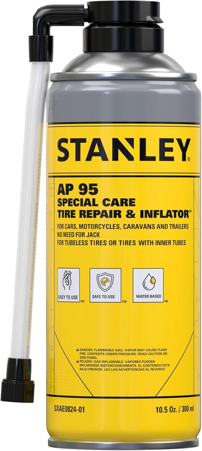 STANLEY AP95 Tire Repair & Inflator – (1x10 oz.) Flat Tire Sealant Spray Kit for Car, Bike, Motorcycle – Seals & Inflates Tubeless Tires – No Jack Needed – Emergency Tire Fix – Rim Safe | 1 Pack