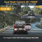 Fitcamx Front 4K+Rear 1080P Dash Cam Adapts for Toyota Tundra 2022-2026 Hybrid & Sequoia 2023-2026 (Gen3), OEM Look, 2 Way HD Video, WiFi & APP, Loop Recording, G-Sensor, Easy to Use, 128GB Card