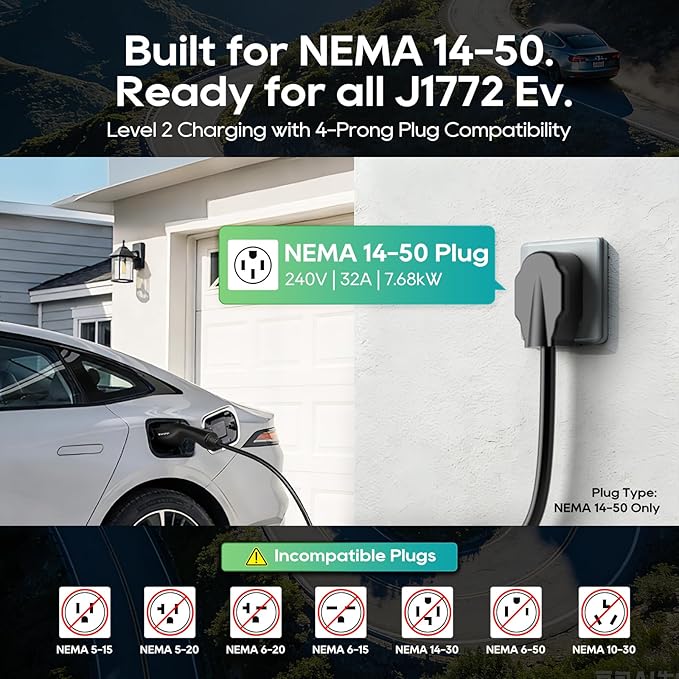 Level 2 EV Charger for SAE J1772 E, 32A 240V Portable EV Charger with NEMA 14-50 Plug, 25FT Cable, Adjustable 16A-32A, LCD Display, Plug-and-Play Fast Charging Station for Home/Outdoor
