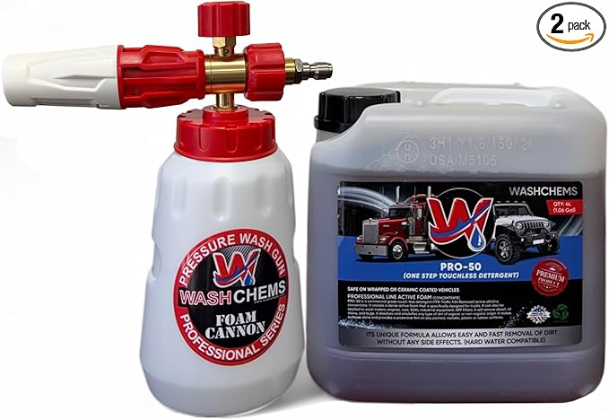 Wash Chems PRO-50 Touchless One Step Car Wash Detergent Soap with Professional Foam Cannon (1 Gallon, 128 oz) No Brushing, Commercial Grade Auto Cleaner Great for Trucks & Tractors