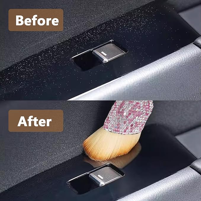 Car Interior Brush Blingbling Car Accessories for Women,2Pack Dust Sweeping Soft Brush with Rhinestone Handle,Detailing Brush Cleaner for Air Conditioner Vents, Computer Keyboard, etc (Pink 2PCS)