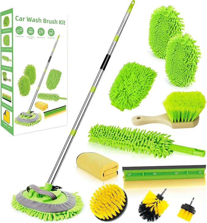 62" Car Wash Brush with Long Handle Chenille Microfiber Car Wash Mop Mitt, Wheel Brush, Windshield Window Squeegee, Car Duster Microfiber Towel, Gloves, Drill Brush, for Cleaning Cars RV Truck Boat