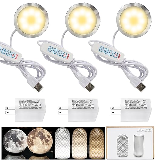 3PCS LED Lamp Kit 001 for Bambu Lab H2S/P2S/P1P/A1 Makerworld 3D Prints | 5V USB Powered, 3000K Warm White, Power-Off Color Storage, Adjustable Brightness & Color, with UL 5V1A USB Charger