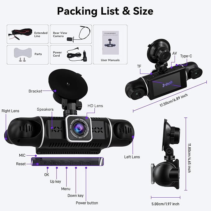 SIXTOP 360 Degree View 4 Channel Dash Cam, 2K Front and 1080P Rear Inside Left Right HD Dash Cam Camera for Cars WiFi & APP Control 8 IR Night Vision Loop Recording G-Sensor Parking Monitoring