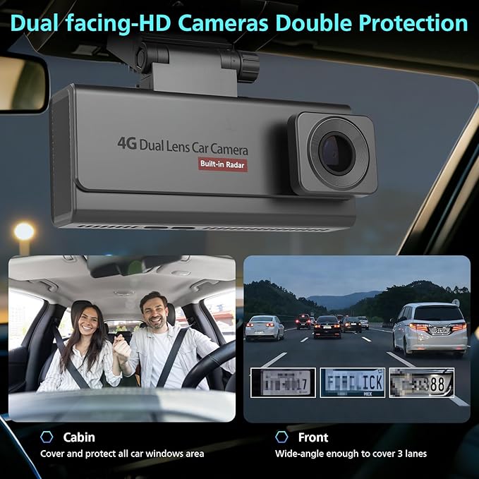 4G LTE Cellular Dash Camera for Cars, 4K Full HD Dual Dash Cam Front and Rear 170° Wide Angle, Anti Theft GPS Tracker, Night Vision, Real-time Alerts with 64GB Card, 24/7 Parking Mode