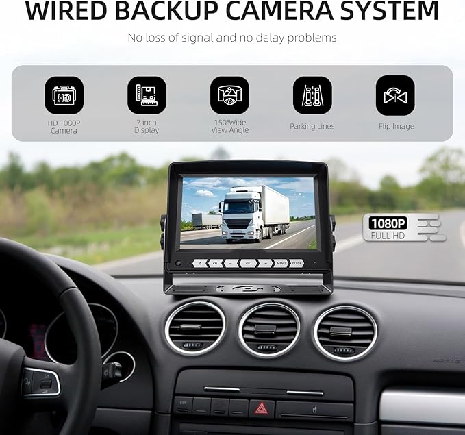 7'' Wired Backup Camera System with DVR Recording, 1080P HD Monitor & IP69 Waterproof RV Rear View Camera, Loop Recording, Split Screen, 12V-24V