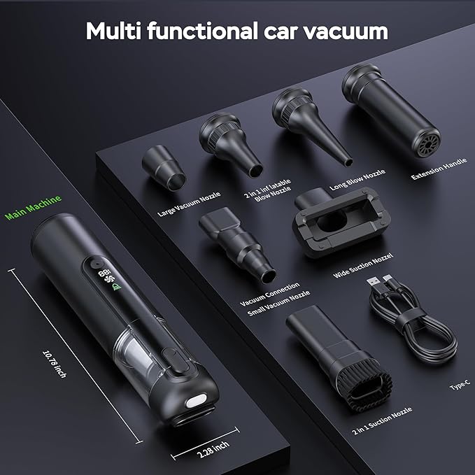 Portable Car Vacuum Cordless, 18000Pa 4-in-1 Suction Power Mini Vacuum Cleaner, 120W Brushless Motor Handheld Vacuum Cordless Rechargeable, 7800mAh Battery, LED Light, Black
