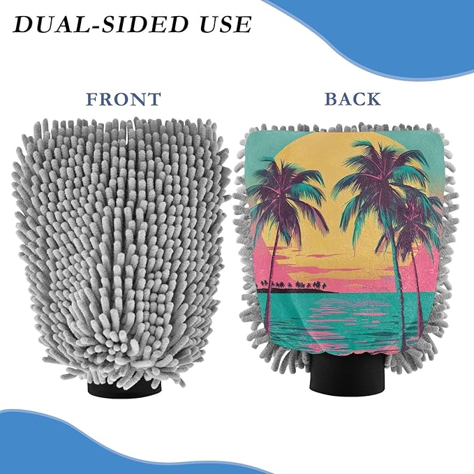 YETTASBIN Sunset Beach 2PCS Car Wash Mitts, Ultra Absorbent Chenille Microfiber Car Washing Gloves, Scratch-Free Lint-Free Auto Cleaning Mitt, Machine Washable Elastic Cuff Car Wash Sponge