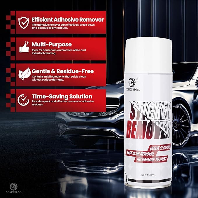 DONKEYPRO Tree Sap Remover for Car -15 fl.oz Sticker Remover Spray with Scraper, Quickly Dissolves Sticky Residue, Glue, Tape, Labels, Decals, Bug, Insect Residue, Tar, Wax on Paint & Glass
