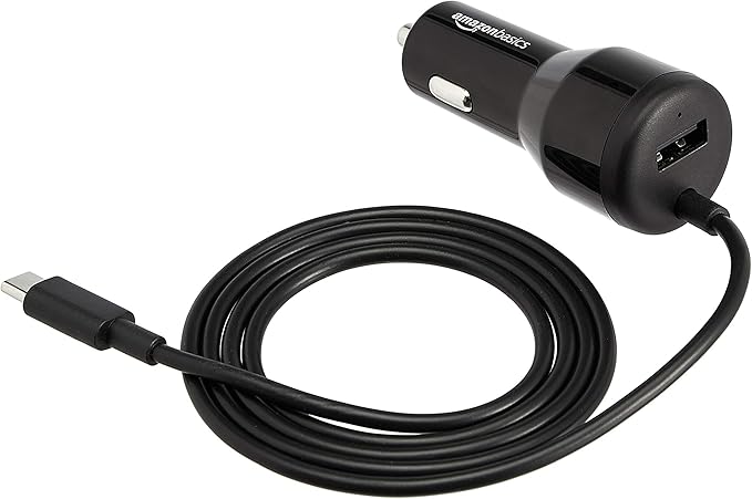 Amazon Basics 30W Fast Car Charger, 1 USB-C (18W) Cable with PD, 1 USB-A (12W) Port, Apple MFi Certified, for Phones (iPhone 16/15/14/13/12/11/X, Samsung, and more), Black