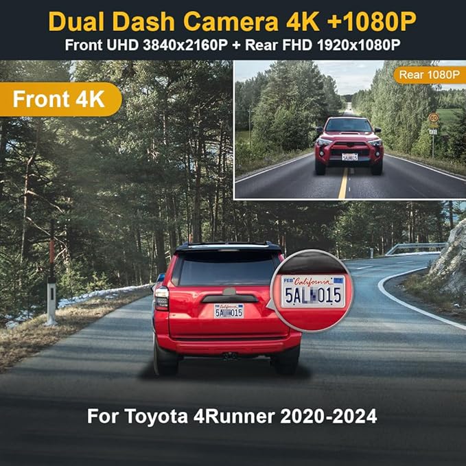 Fitcamx Front 4K+Rear 1080P Dash Cam for 2020-2024 Toyota 4Runner TRD Sport Limited Pro Off-Road Venture SR5 Premium, OEM Look, Loop Recording, Built-in WiFi&APP, G-Sensor, Easy to Use,128GB Card