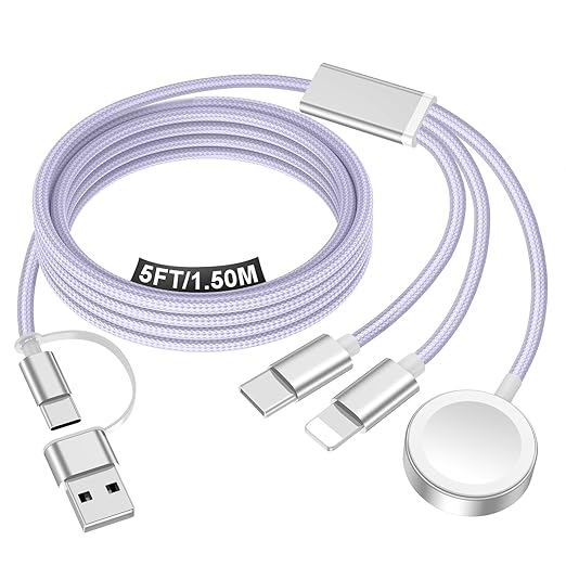 Travel Essentials for Apple Watch Charger,iPhone Charger,3 in 2 Type C/L/Magnetic Fast Charging Cable,Multi Charging Cable Portable Designed for iWatch Series,iPhone 17-11,Galaxy S26-S21,Car-5FT