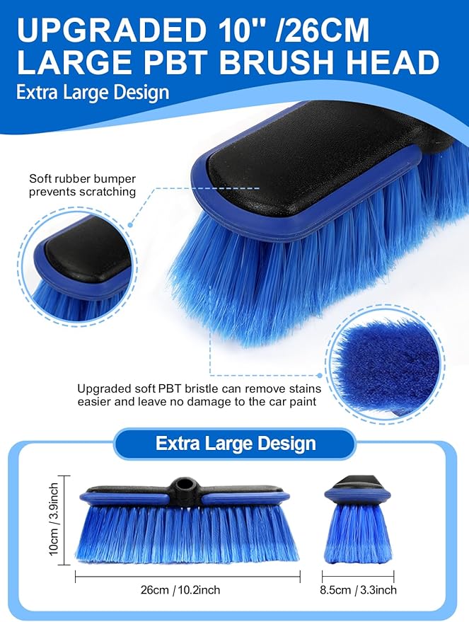 ZimiTeda PBT Car Wash Brush with Long Handle 10'' Larger Soft Bristle Brush Head Rubber Bumper for Vehicle Wheel RV SUV Boat Truck Solar Panel Deck Washing, 60'' 151cm