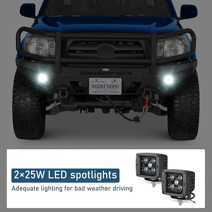 Hooke Road Tacoma Front Bumper Grille Brush Guard for 2005-2011 Toyota Tacoma 2nd Gen Pickup, Steel Push Bull Bar with Winch Plate & LED Lights, Full-Width Off Road Protection