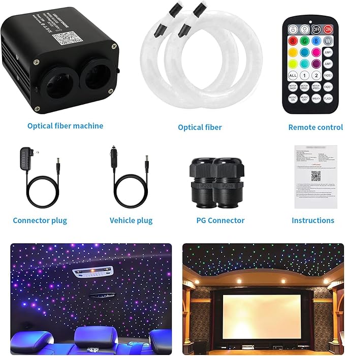 AMKI Dual Color 20W Twinkle Starlight Headliner Kit 600pcs 0.03in 9.8ft Fiber Optic Star Ceiling Light Sound Activated Music Mode APP/Remote Control Dual Port Light Box for Car Home Roof Decor