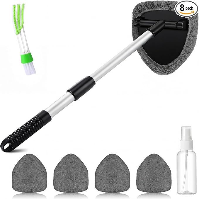 FoldTier 8 Pcs Car Windshield Cleaner Kits with Extendable Handle, 5 Microfiber Towel Pads, 1 Brush, 1 Empty Spray Bottle for Auto Glass Wiper Suvs Rvs & Home Windows (Grey)