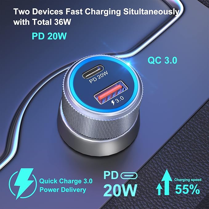 5 Pack USB C Car Charger, Bangfun 36W Dual USB Car Adapter Fast Charge PD&QC 3.0 Cigarette Lighter USB Charger Compatible iPhone 15 14 13 12 11 Pro Max SE,iPad,Samung S24/S21/S20, Pixel(Grey)