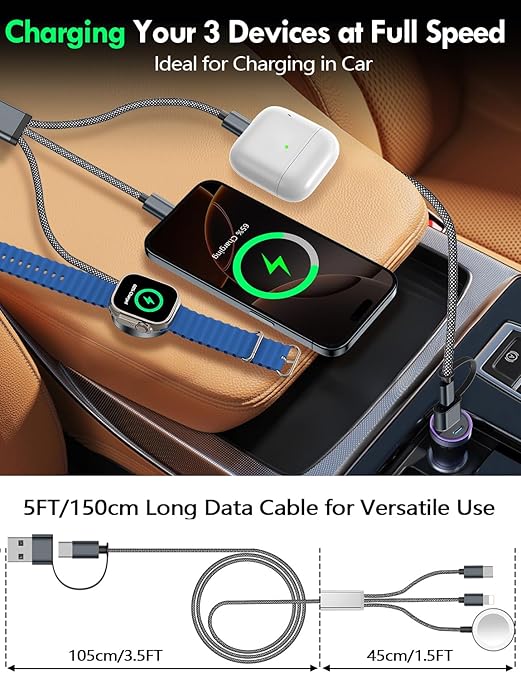 Travel Essentials for Apple Watch Charger,iPhone Charger,3 in 2 Type C/L/Magnetic Fast Charging Cable,Multi Charging Cable Portable Designed for iWatch Series,iPhone 17-11,Galaxy S26-S21,Car-5FT