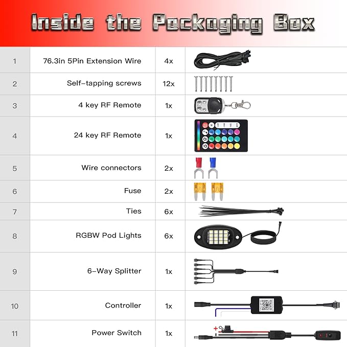 6 Pods RGBW LED Rock Lights for ATV UTV Golf Cart RZR SXS Truck Jeeps Off Road, Waterproof Multicolor Neon Underglow Kit with APP/RF Remote Control&Brake Red Function,12V Pure White Underbody Lights