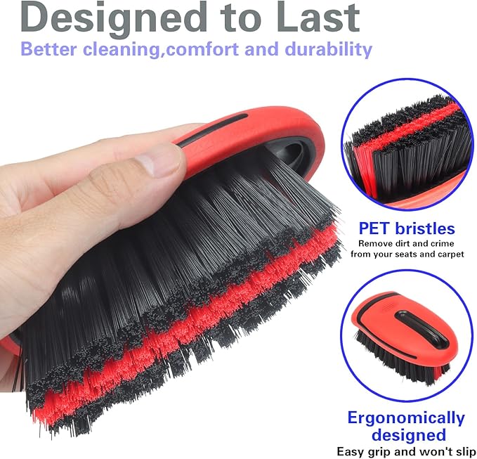 Carpet Cleaning Brush & Upholstery Brush Set, Hard Bristle Carpet Scrub Brush, Rug Brush, Couch Cleaner Brush, Fabric/Leather Detail Brush for Car, Home & Outdoor Furniture (Red)