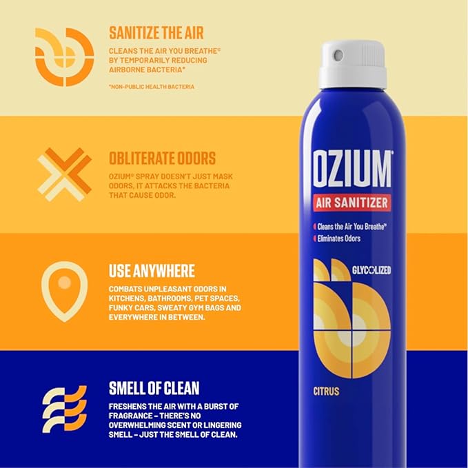 Ozium 0.8 oz. Air Sanitizer & Odor Eliminator for Homes, Cars, Offices and More, Citrus Scent, Pack of 6