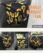 Pritent Car Trash Can with Lid, Cute Leakproof Car Trash Garbage Bag Hanging Vehicle Trash Bin Small Portable Automotive Garbage Cans Organizer for Back/Front Seat(Trapezoid,Black Sunflower