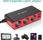 AUOPLUS 120W 3 Socket Cigarette Lighter Splitter Car Charger Adapter, LED Voltage Display Dual 4 USB Chargers(6.8A), Car Charger On/Off Switches 12V for iPhone iPad Samsung GPS Dashcam
