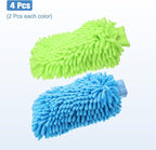 HARFINGTON 4pcs Chenille Microfiber Car Wash Mitts 9" x 5.5" Scratch Free Wash Gloves Absorbent Double Sided Plush Cleaning Drying Mitts for Car Washing Home Clean Blue Lime Green