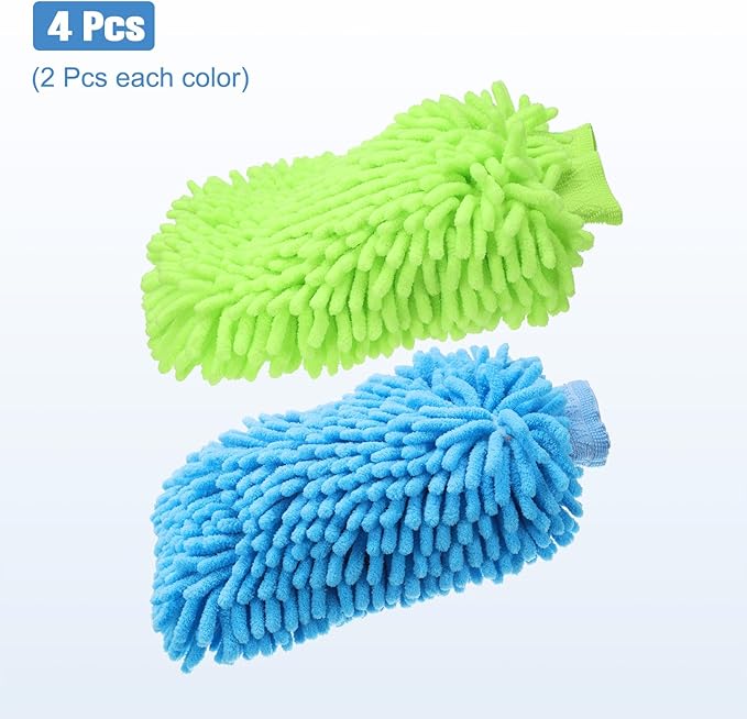 HARFINGTON 4pcs Chenille Microfiber Car Wash Mitts 9" x 5.5" Scratch Free Wash Gloves Absorbent Double Sided Plush Cleaning Drying Mitts for Car Washing Home Clean Blue Lime Green
