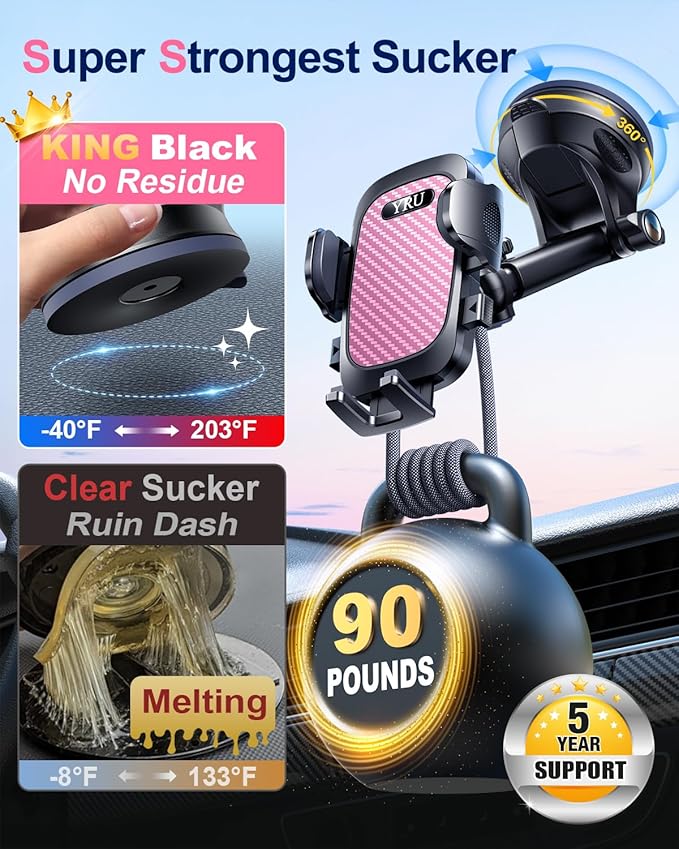YRU True Military-Grade [360° Rotation Suction] 2026 Ultimate Car Phone Holder Mount 【90+LBS Safest Strongest & Patent Certs】 Dashboard Windshield Vent for iPhone 17 16 Pro Max Samsung, Pale Pink