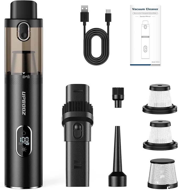 Upbooz Car Vacuum, Handheld Vacuum Cordless with 14000PA Powerful Suction with LED Light, Air Duster 2-in-1,Low Noise Rechargeable Portable Vacuum Cleaner for Car Home Pet Office